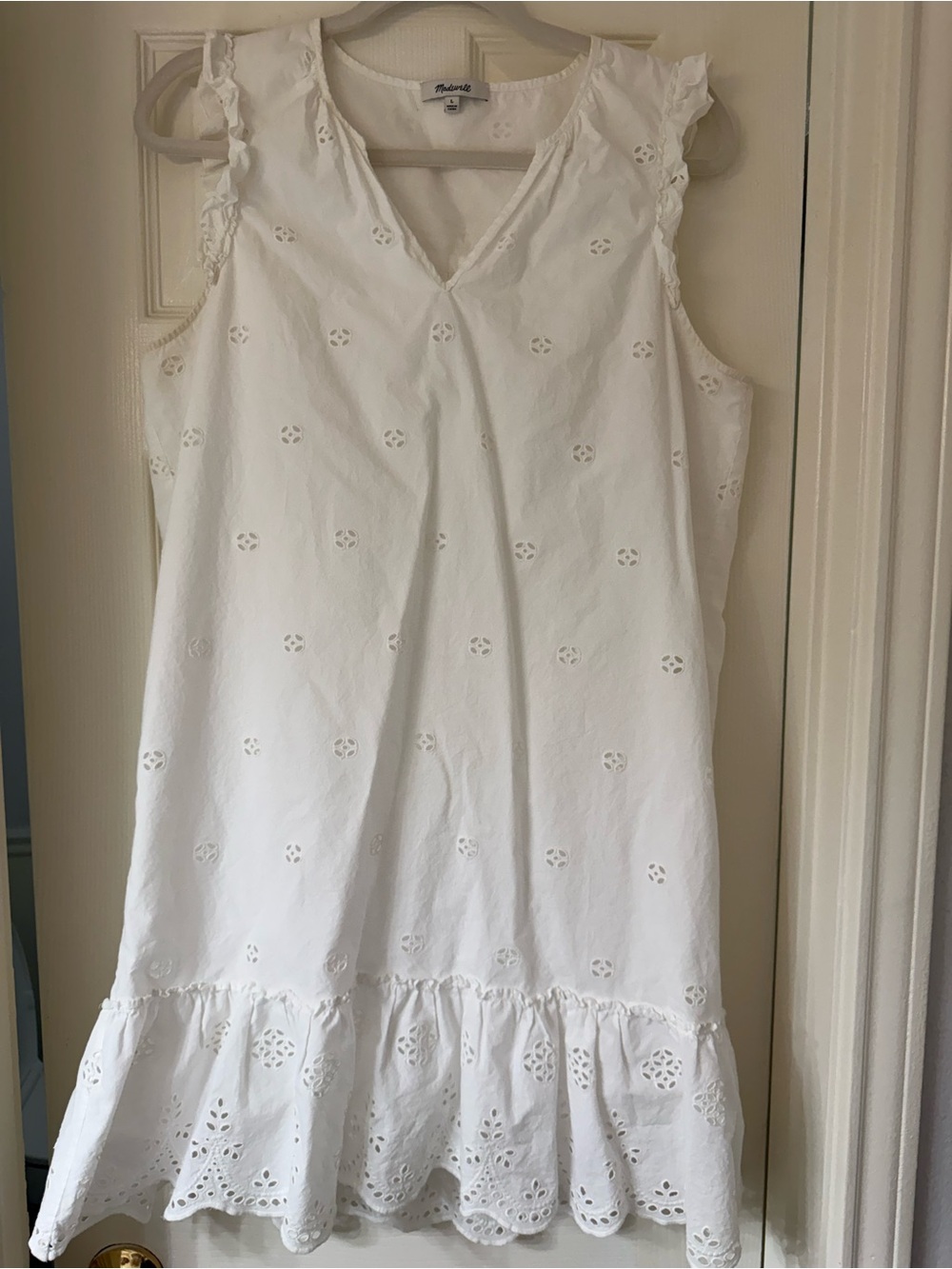 Madewell White Eyelet Ruffle-Hem Sleeveless Cotton Dress